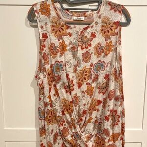 Linen Sleeveless Beige/Off-White Top w/ red flowers Size Large